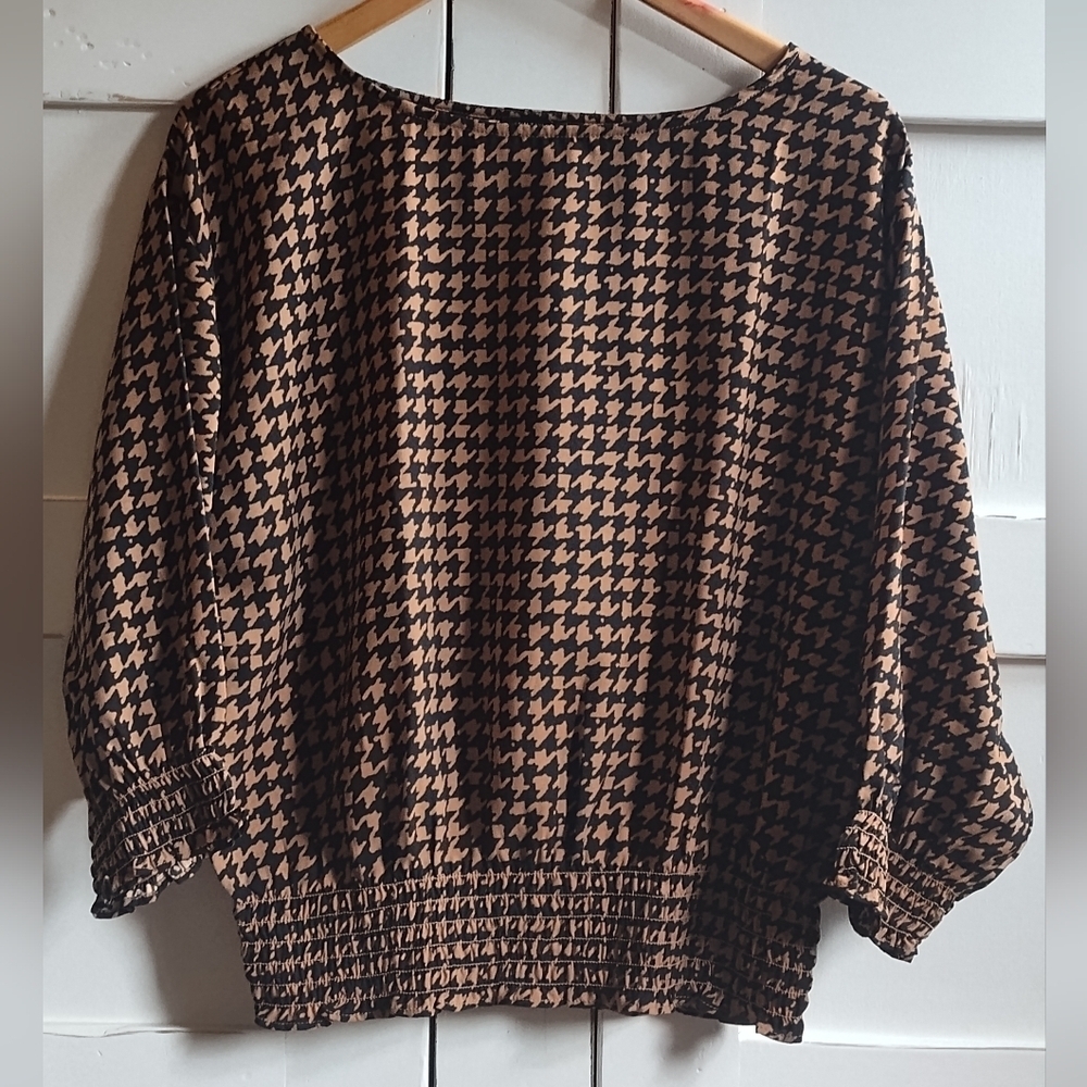 Ann Taylor Factory Black And Mocha Brown Houndstooth 3/4 Sleeve Top | Medium